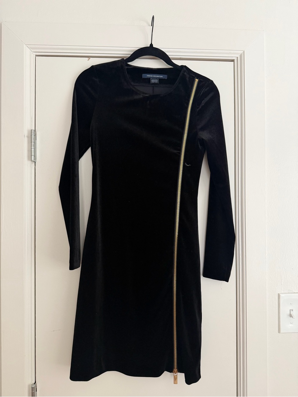 French Connection Black Velvet Long-Sleeve Dress with Gold Zip Detail